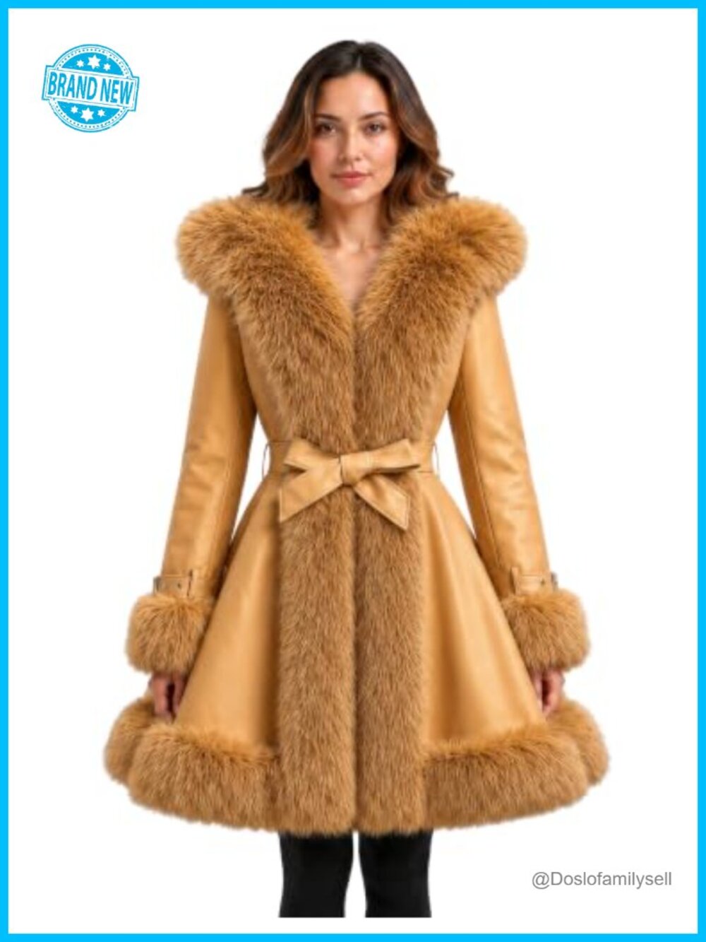 Vegan Leather Belted A-Line Winter Coat Faux Fur Trim Hood 3/4 Length